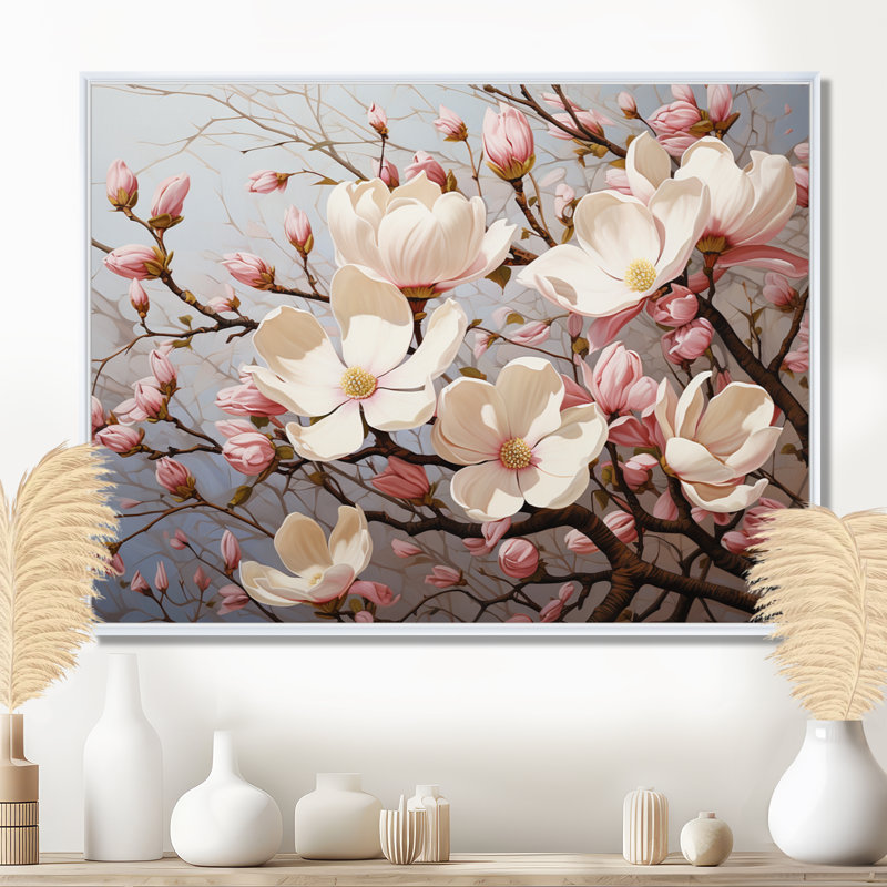 Blanc, rose, magnolia Magnolia Symphony I - art sur toile Magnolias, H 16 po x l 32 po x P 1 po, Cadre flottant blanc