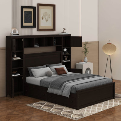 Lit en bois avec armoire tout-en-un, tablette et prises, lit gigogne simple TG