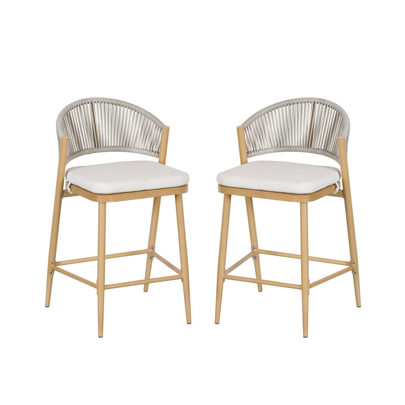 Maple Finish Aluminum and Rattan Outdoor Counter Stools with Cushions, Set of 2