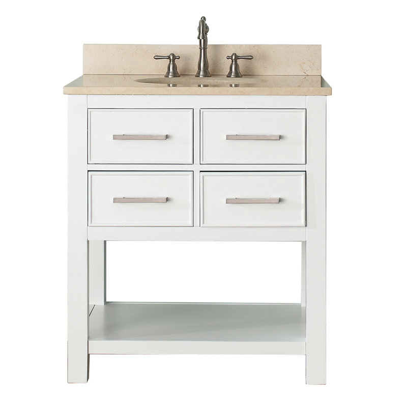 Brooks 31'' Single Bathroom Vanity with Marble Top, Chilled Gray, Oval, White Engineered Marble