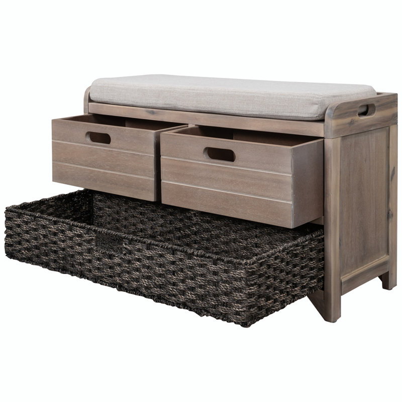 Versatile Use Wood Shoe Storage Bench with Removable Basket and 2 Drawers, White Washed