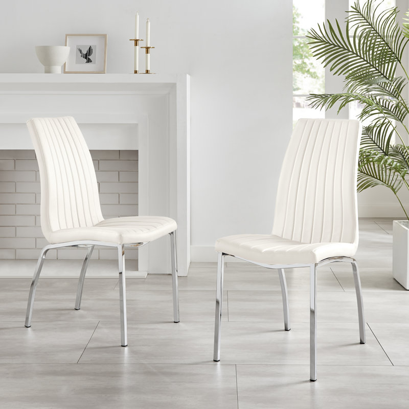 Faux Leather Modern Tall Back Dining Chairs with Chrome Metal Legs & Vertical Stitching, White