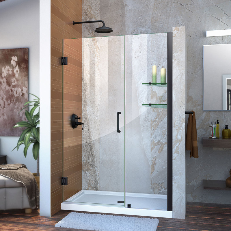 Unidoor 45" W x 72" H Hinged Frameless Shower Door, Matte Black