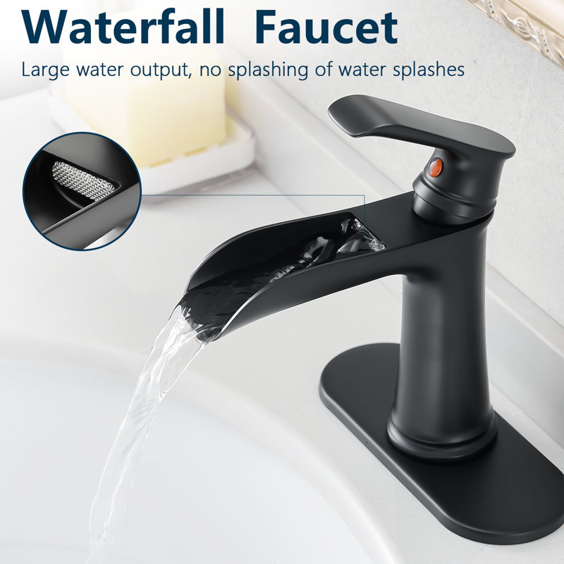 Contemporary Bathroom Waterfall Faucet, Deck Plate, Black Matte, Pop Up Drain, Supply Lines, One Handle , Geometric Look, Side Availability Matte Sink With Hoses, Single Design, Cartridge Valve