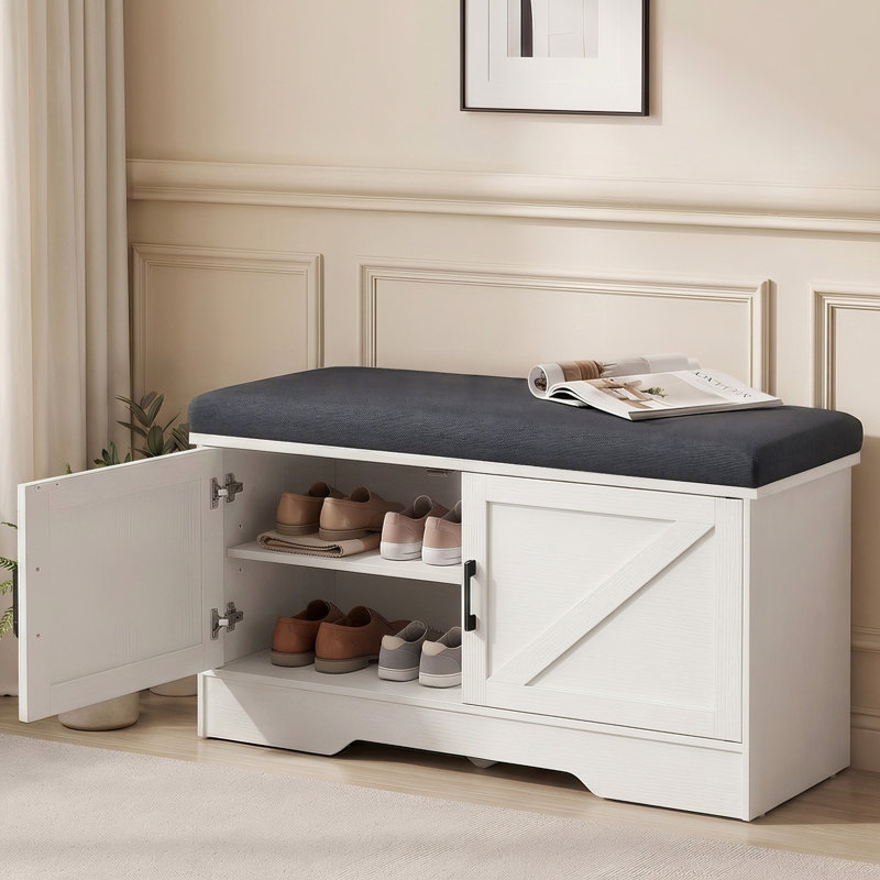 39.4" Storage Bench with Shoe Storage, 2-Tier Entryway Bench with Adjustable Shelf and Removable Cushion