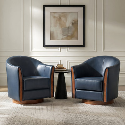 Pocono 29"W Transitional Genuine Leather Swivel Barrel Chair With Solid Wood Base