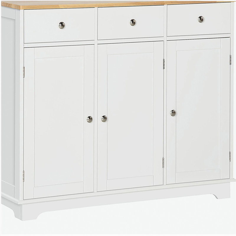 HOMCOM sideboard with solid wood countertop, modern kitchen storage cabinet, with 3 drawer doors and adjustable shelf coffee bar cabinet, white