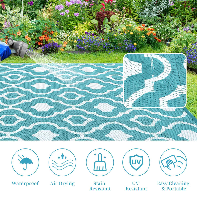 Outdoor Rug 6x9 ft Waterproof Reversible Outside Carpet Durable Plastic Straw Rug for Camping Picnic Balcony Backyard Porch Blue White