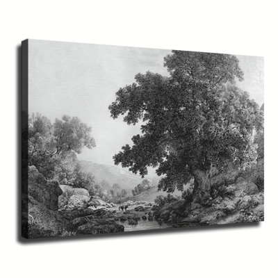 Tableau vintage gravé représentant un paysage pastoral avec rivière et arbres, grande toile tendue sur châssis, idéale pour le salon ou la chambre.