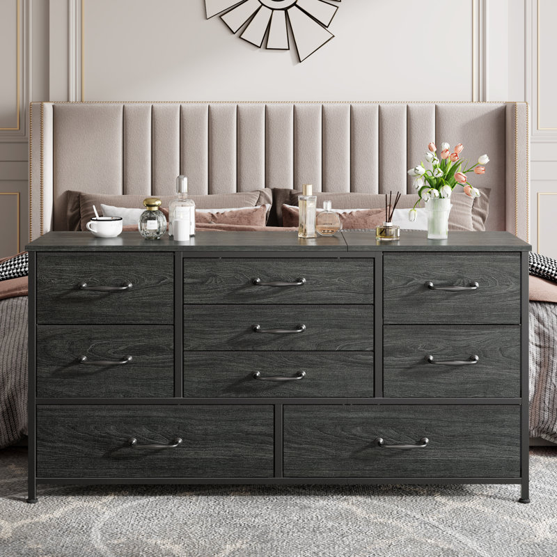 Commode 9 tiroirs en tissu avec plateau en bois, commode de rangement, Chêne noir