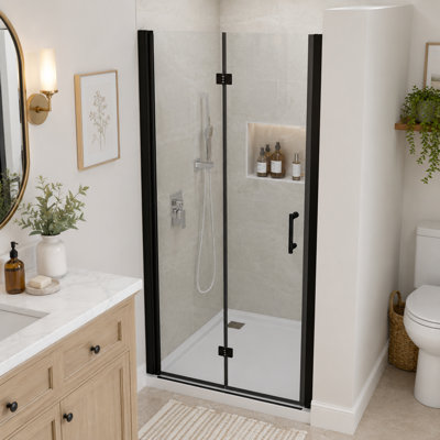 32" W x 72" H Semi-Frameless Bi-Fold Pivot Shower Door with 1/4" Clear Tempered Glass, Adjustable Width, Reversible Installation, Matte Black