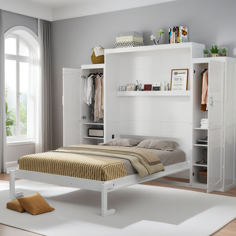 Lit escamotable Murphy avec deux garde-robes et une tablette de rangement, cadre de lit plateforme pliable multifonctionnel pour chambre d'amis, chambre à coucher, blanc