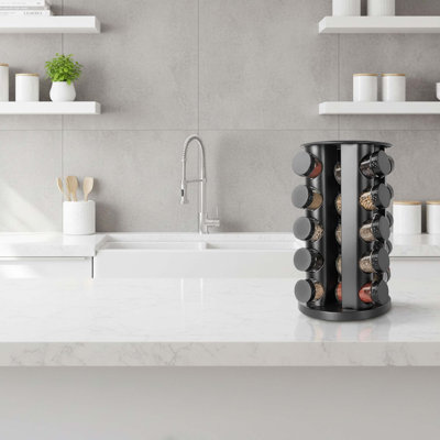 20-Jar 360° Revolving Black Spice Rack with 135 Labels & Funnel - Countertop/Cabinet Storage