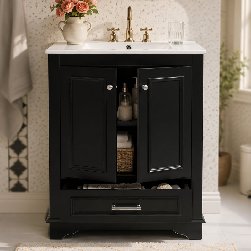 Ensemble de meuble-lavabo 24 po avec lavabo en céramique, armoire de rangement autoportante moderne avec poignées, portes à fermeture douce