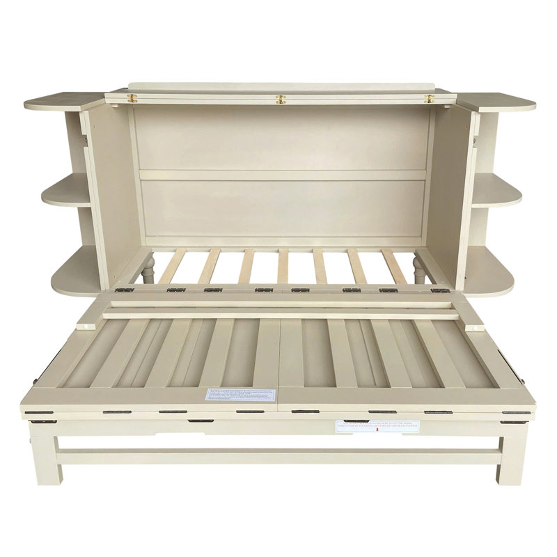 Armoire-lit en bois de pin massif avec station de charge et 2 tablettes ouvertes, Queen, Crème Ceylan