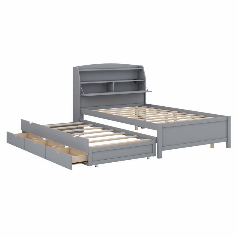 Lit plateforme en bois avec lit gigogne et tête de lit à DEL avec tiroirs, Lit double , gris