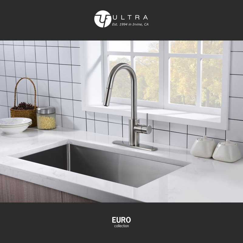 Euro Collection High-Arc Single Handle Kitchen/Bar Faucet with 2-Function Pull-Down Spout Sprayer - Brushed Nickel