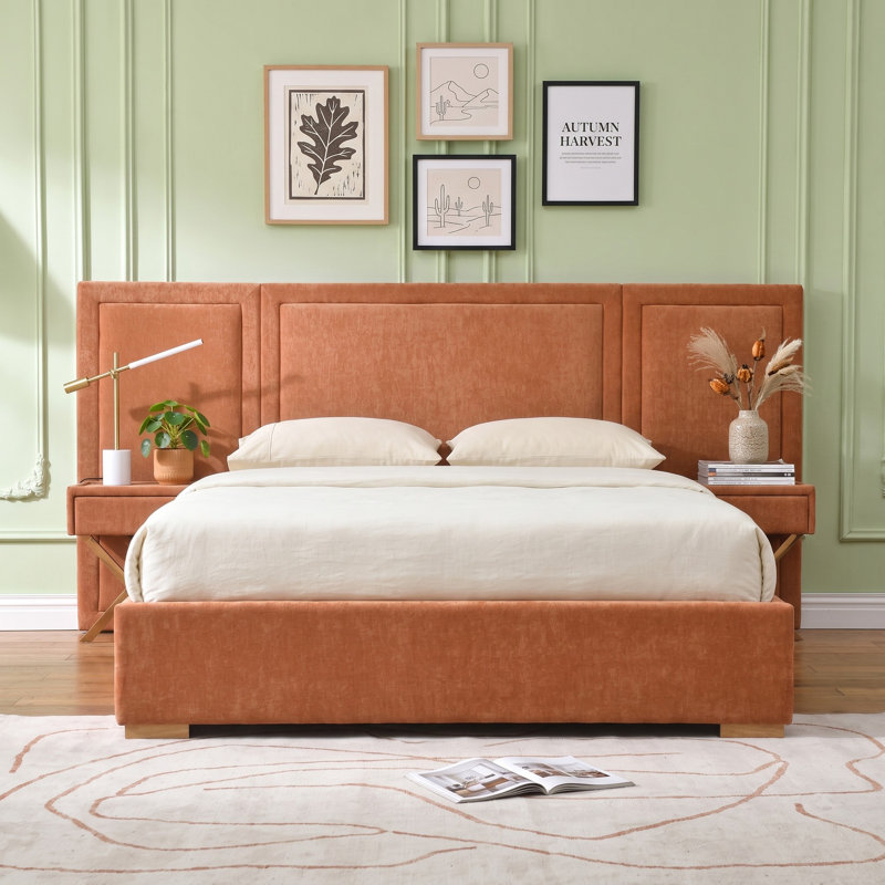 Modern Wide-Panel Upholstered Bed, Queen, Orange Velvet, Queen, Orange