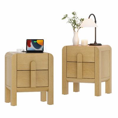 Modern Wood Nightstand Set Of 2 With Drawers And Curved Profile Design, Mid-Century End Table With Built-In Charging Station For Bedroom, Living Room,