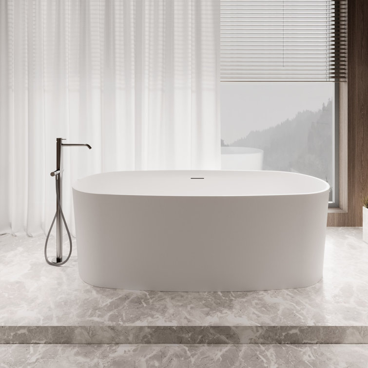 67" Streamline Soaking Matte White Stone Resin Freestanding Tub And Tray With Internal Drain In Polished Chrome