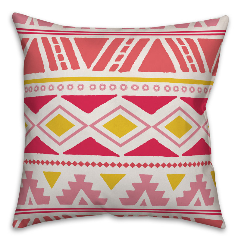  Coussin Tribal, 18" x 18", Rouge / rose / citron, Polyester/ Bourre en polyester