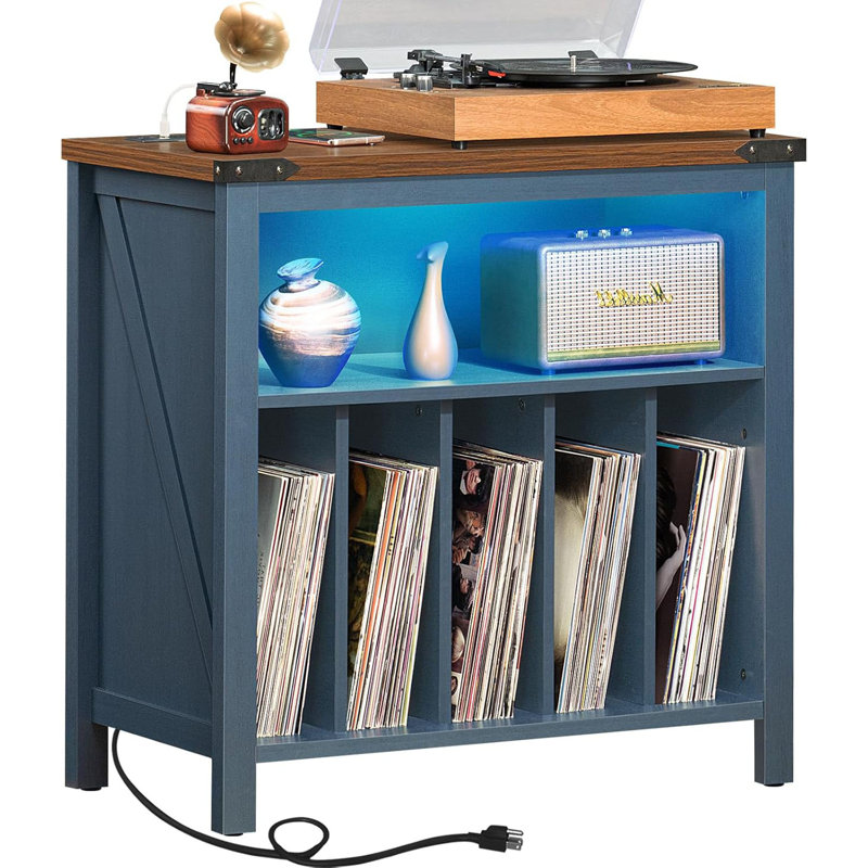 Large Record Player Stand With Charging Station & LED Lights, Blue