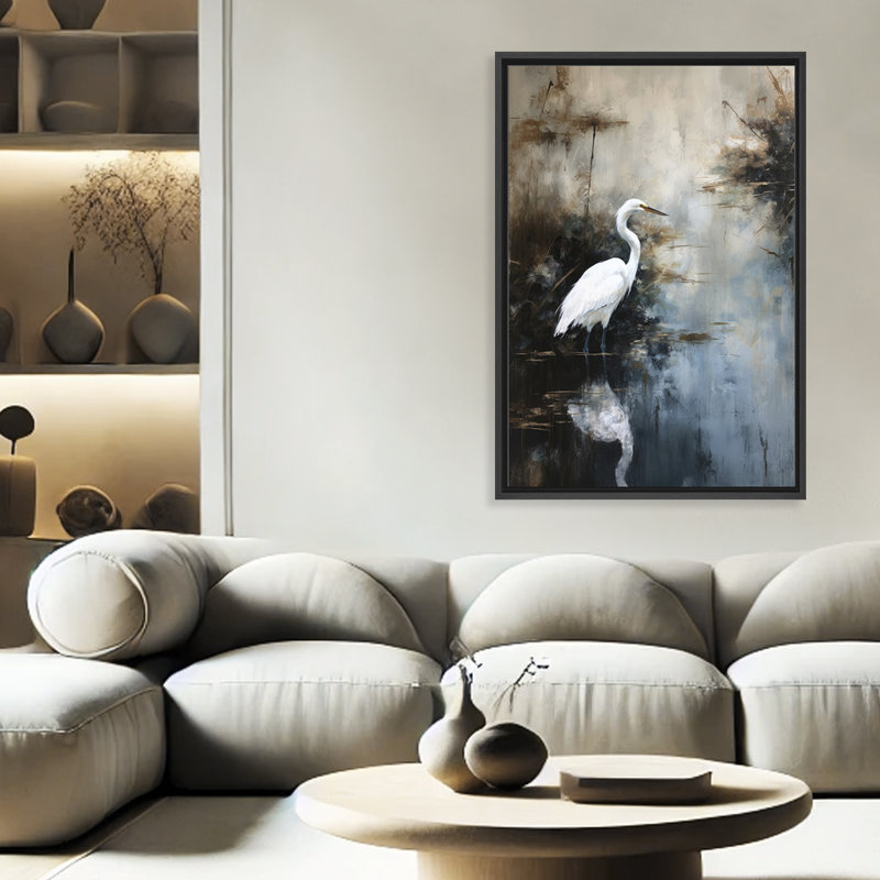 Nature Inspired Egret In Lake, 30" H x 24" W x 2.375" D, Black, Framed Canvas