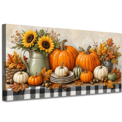 Farmhouse Table Pumpkin Fall Canvas Wall Art, Thanksgiving Kitchen Decor for Kitchen Dining Room Farmhouse, Gallery Wrapped Stretched Canvas Ready to