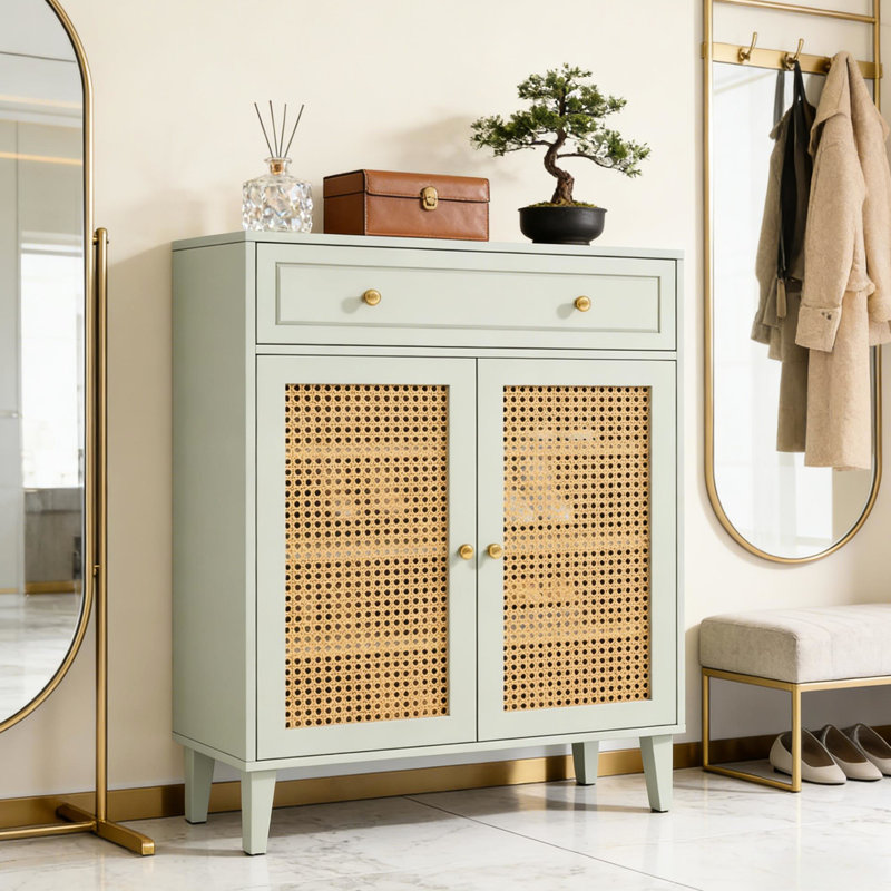 Armoire à chaussures chic en menthe, tablettes réglables pour différentes tailles, clés de tiroir et portefeuilles, construction E1, support de pieds inclinés, espaces multiples de conception compacte, organisateur d'inspiration nordique à assemblage rapide,