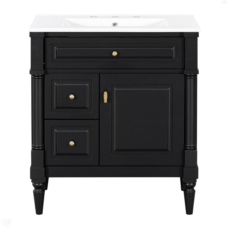 Meuble-lavabo de 30 po avec lavabo, armoire de salle de bain autoportante noire avec tiroir rabattable et tablette réglable, structure en bois d'hévéa massif, panneaux de fibres à densité moyenne et poignées en métal
