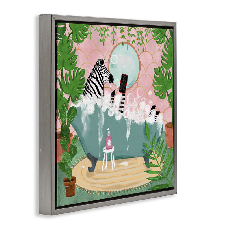 «Zebra Fun Bath Time», toile encadrée flottante noire par Farida Zaman, H 18 po x l 18 po, Cadre flottant gris lustré