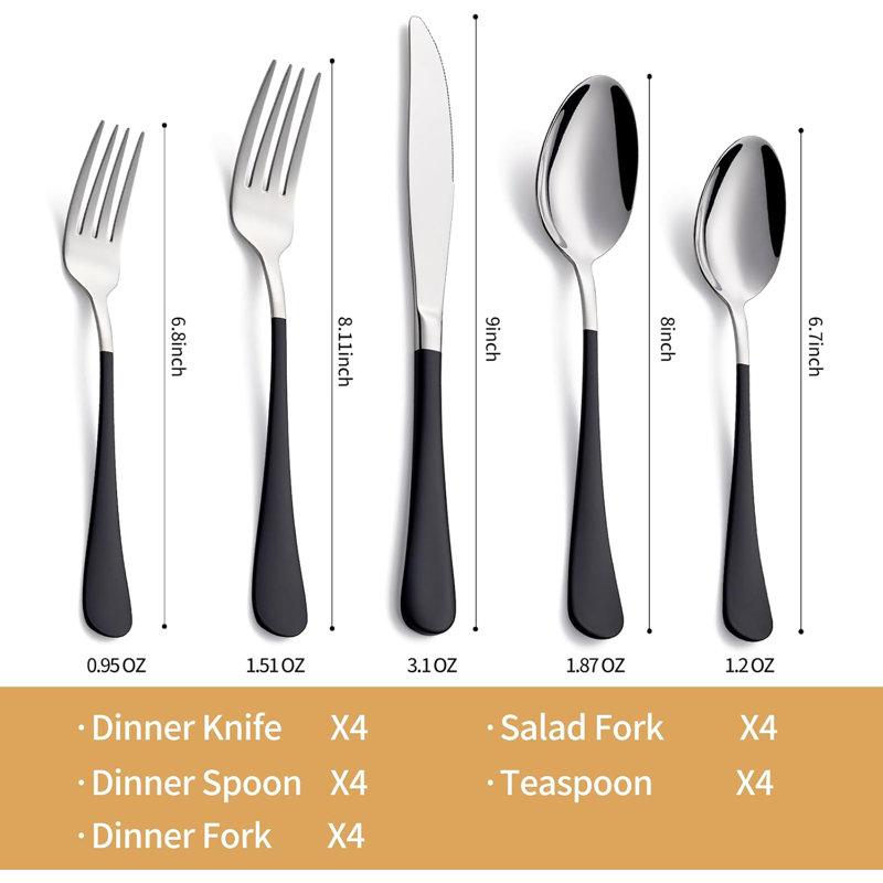 20 Piece Black Silverware Set, Black