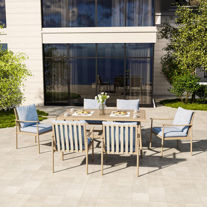 Ensemble de salle à manger d'extérieur 7 pièces pour 6 personnes, table de patio rectangulaire en aluminium avec trou pour parasol