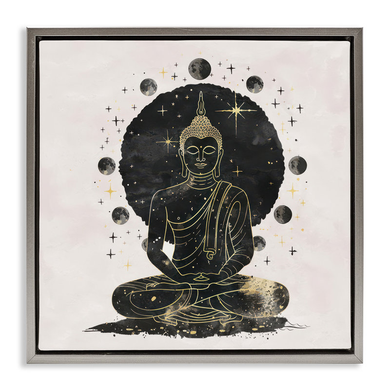 Art mural encadré flottant "Bouddha assis doré" par Nina Blue, H 18 po x l 18 po, Cadre flottant gris lustré