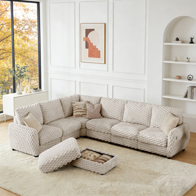Large L Shaped Modular Bubble Corduroy Sectional Couch with Storage Ottoman