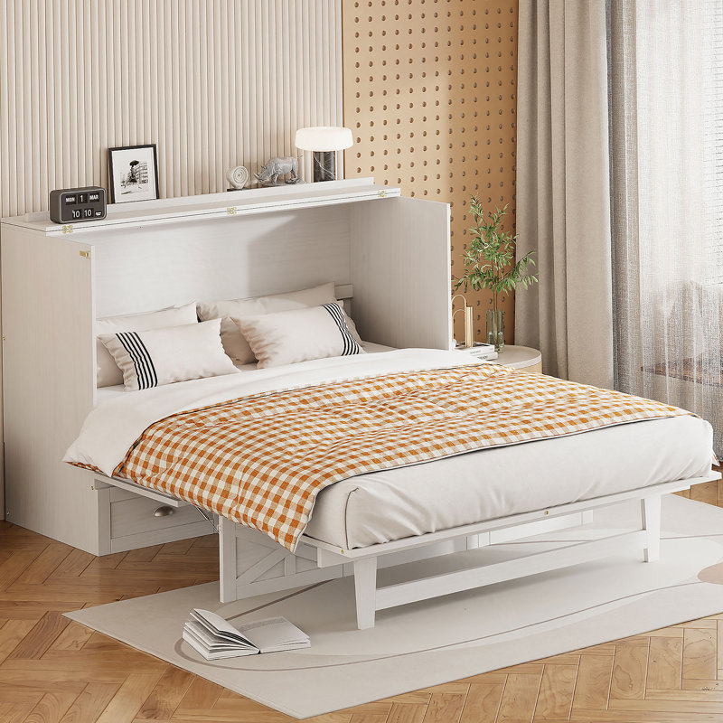Grand lit escamotable grand avec grands tiroirs, blanc brossé, Blanc, Grand