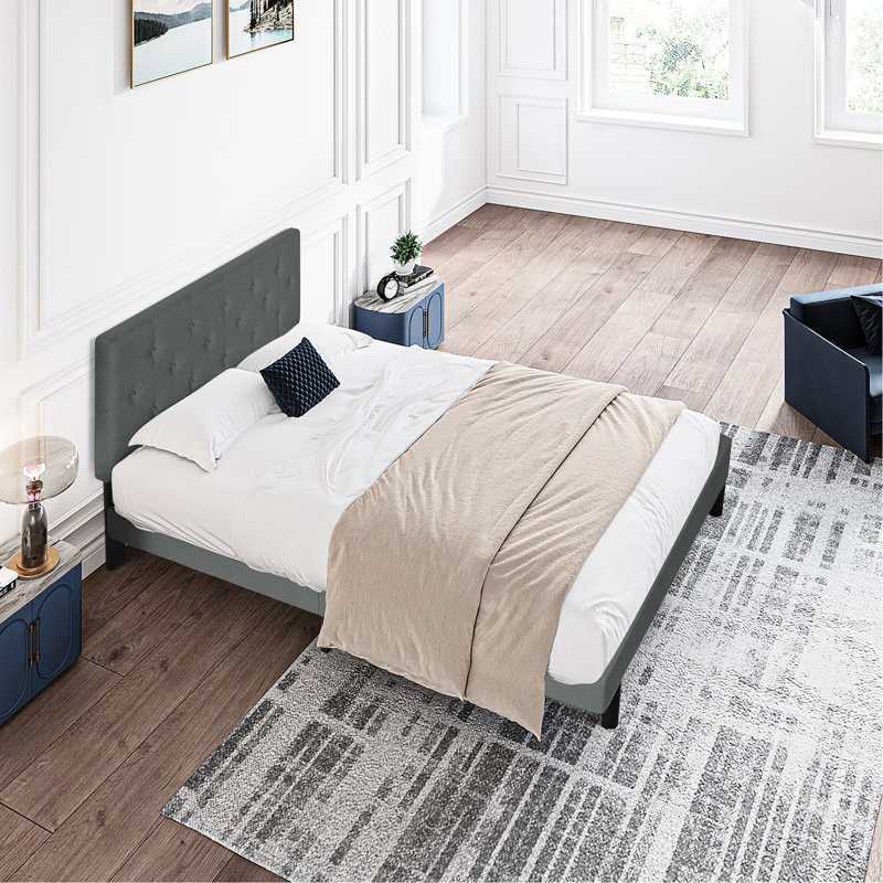 Twin Size Dark Gray Upholstered Platform Bed - Modern Linen Headboard With Button Tufting, No Box Spring Needed, Easy Assembly, Wood Slat Support, 300 Lbs Weight Limit Headboard, , Required, Max Load