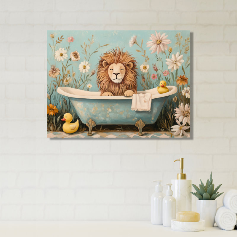 L'heure du bain des petits lionceaux - Toile imprimée Lion, H 30 po x l 40 po, Toile tendue