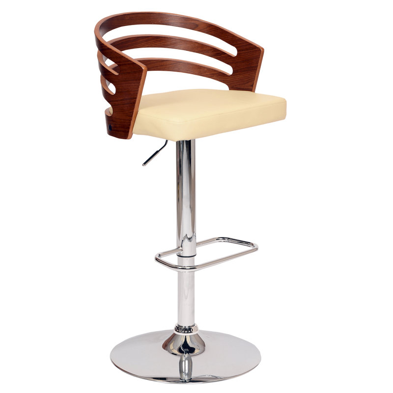 Hancock Swivel Adjustable Height Barstool with Pedestal Base in Faux Leather, Wood and Metal, Chrome , Cream, Walnut Wood