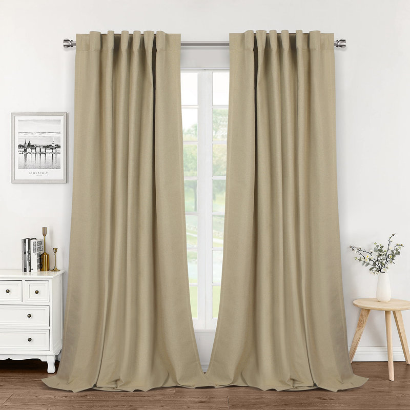 Thicken Blackout Curtains Faux Linen Pattern Window Drapes Thermal Isolate Functional Heading Curtains, Champagne