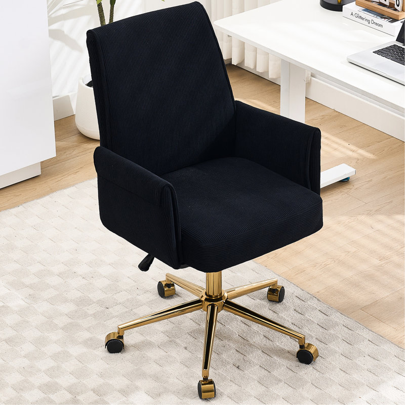 Chaise de bureau ergonomique à dossier mi-haut et relevable, en velours côtelé noir rayé, base en métal doré, coussin en mousse à mémoire de forme souple, forme en S pour un soutien lombaire, un confort des épaules et des coudes, coutures de haute précision.