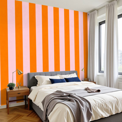 Décoration murale adhésive auto-adhésive pour bureau personnel Peel and Stick - H 100 po x l 144 po à rayures verticales orange et rose