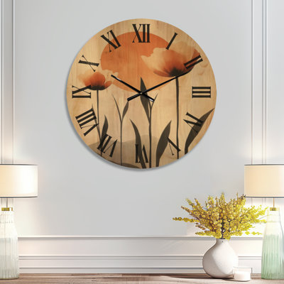 Très grande horloge murale florale silencieuse en bois - Tulipes Mid-Century