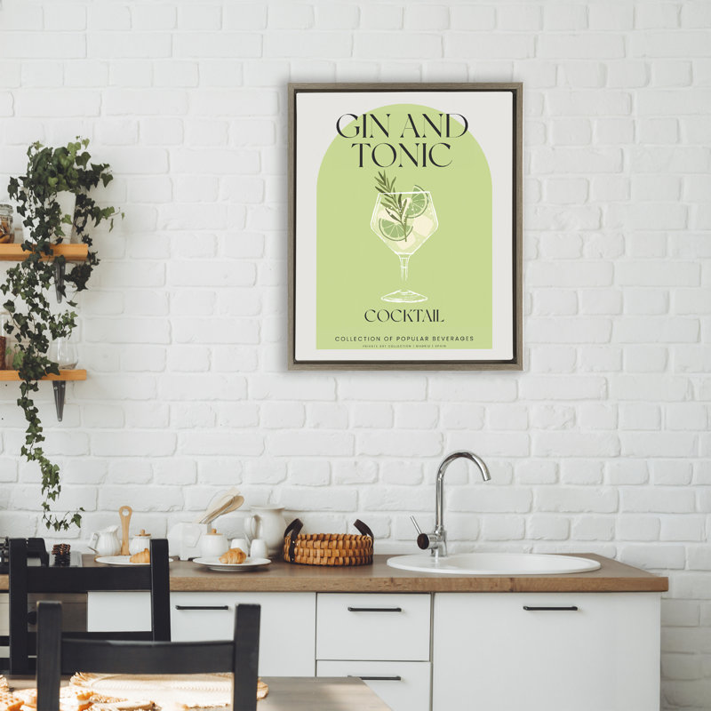 Élégant cadre flottant rétro gin et tonique, design par Lil 'Rue, H 21 po x l 17 po, Cadre flottant orme Montalcino