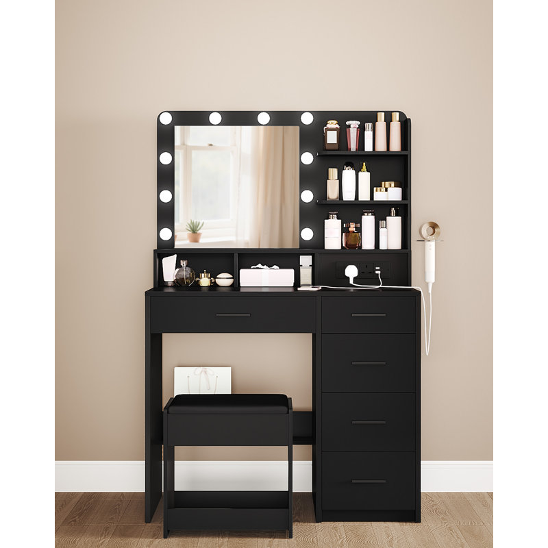 Dressing Table with 3-Colour LED Adjustable Brightness, Vanity Table with Plug and Large Mirror, Stool and Hairdryer Holder, Muti-Drawer Dressing Table, 6 Open Storage Areas,
