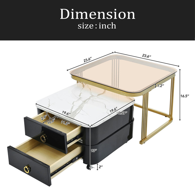 2-In-1 Square Nesting Coffee Table With Wheels & Drawers, Stackable Side Table With High Gloss Marble Grain Top, End Table Set With Brown Tempered Glass For Living Room