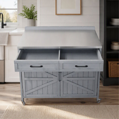 Îlot de cuisine extérieur de 39,4 po avec plateau en acier inoxydable K&K, armoire de rangement extérieure avec un grand tiroir, tablettes réglables, supports de rangement internes et 4 roulettes pour la préparation de pizzas,