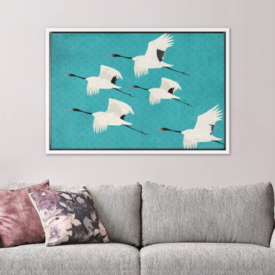Bright Preppy Animals IDEA4WALL Framed Canvas Print Wall Art Room Decor Teal Sky Flying Crane Bird Pattern Nature Decorative Multicolor Colorful Rustic For Living Room, Bedroom, Office Framed On Canvas Bold Art