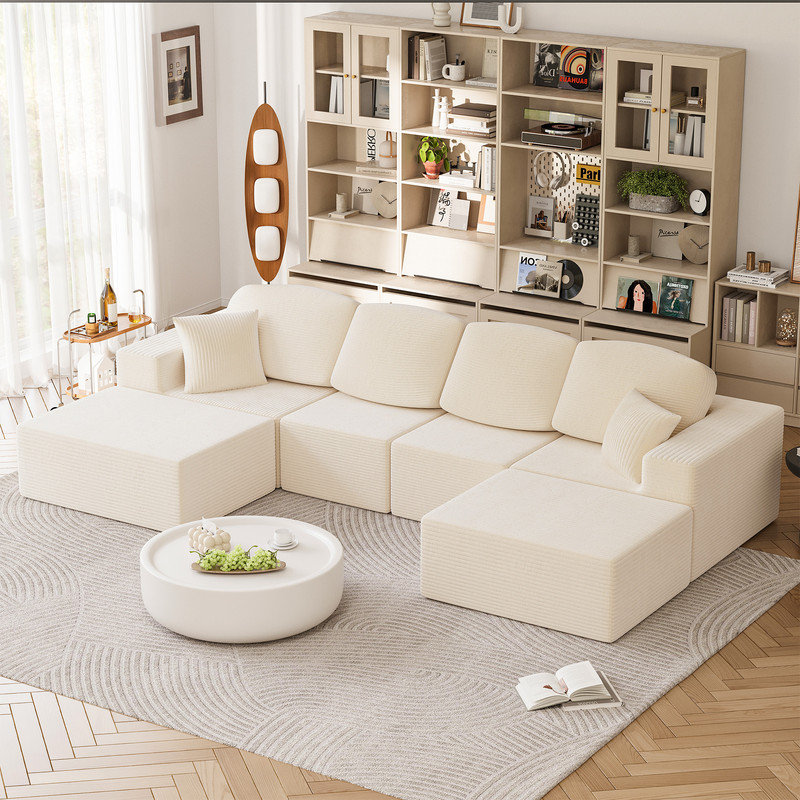 Canapé modulaire en forme de L Boneless, canapé de compression en U avec accoudoirs larges Cloud, Velours côtelé beige