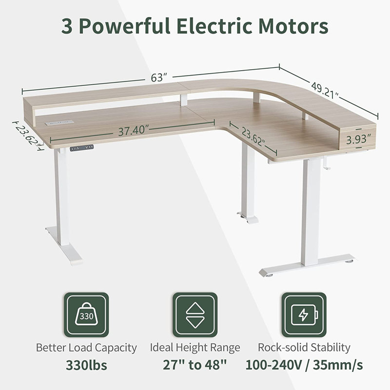 Adjustable L-Shaped Metal Base Writing Desk with Power Outlet, Light Walnut/White